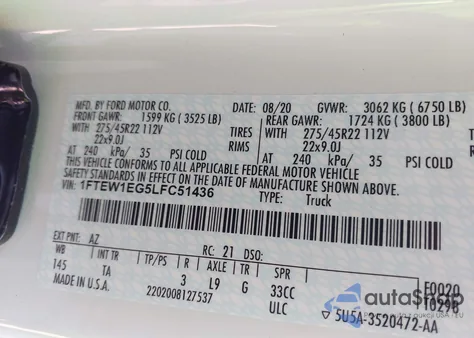 2020 Ford F150 Supercrew из США, поврежденный, VIN 1FTEW1EG5LFC51436